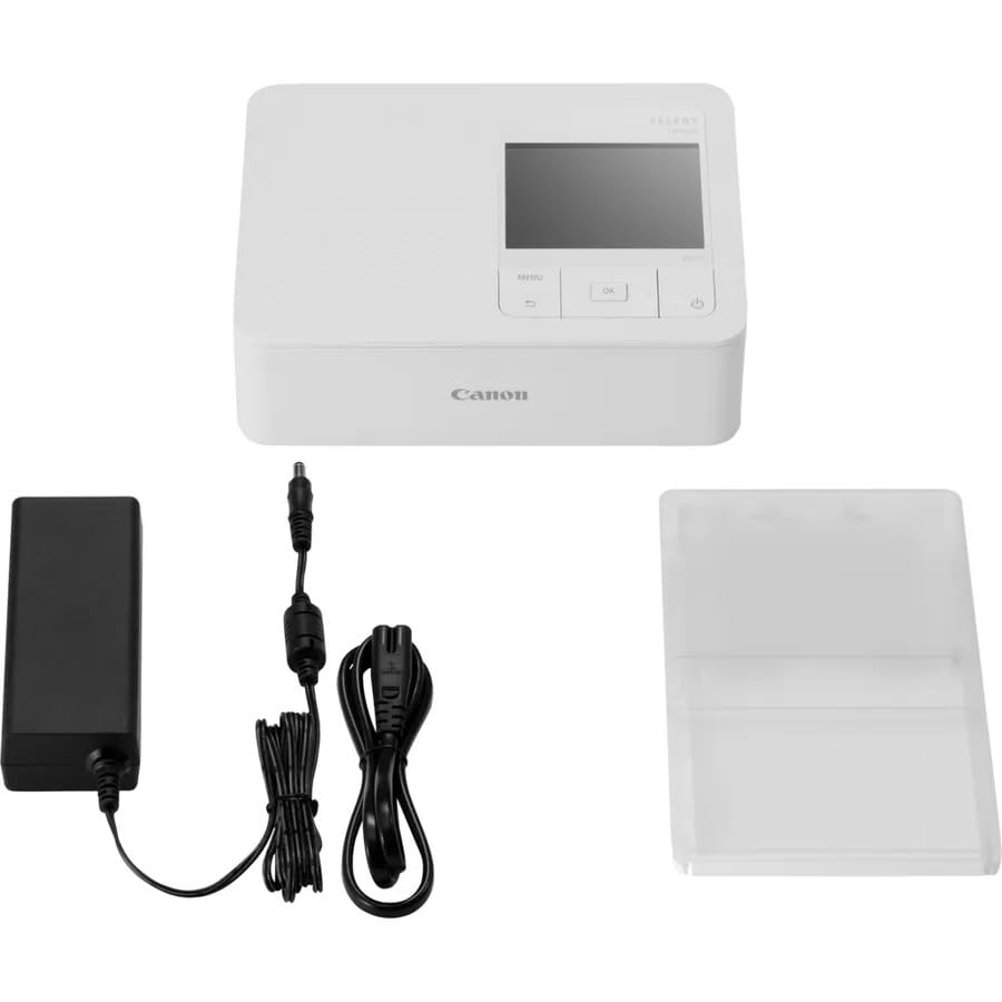 Canon SELPHY CP1500 Mini fotoskrivare (utskrift upp till vykortsstorlek 10 x 15 cm, USB-C, WLAN, trådlös, termisk sublimering, SELPHY App, färgstabil 100 år) vit [utan färgband/papper, utan batteri],