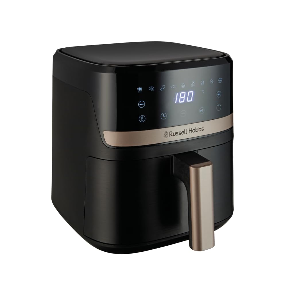 Russell Hobbs Air Fryer 4.3L Rapid Airfryer [Kompakt design, 9 program] satisfry Diskmaskinssäkra delar, max 200°C, Oljefri matlagning, Pekskärm, Varmhållning, Stek, Baka, Grill 27610-56