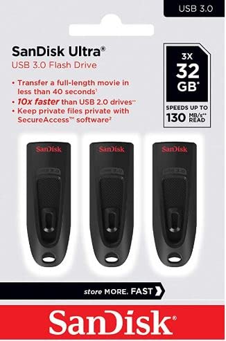 SanDisk 32 GB Ultra USB 3.0 Flash-enhet, USB-minne, minnessticka med överföringshastigheter upp till 130 MB/s, Lösenordsskydd, RescuePRO Deluxe programvara för dataåterställning, Triple Pack, Svart