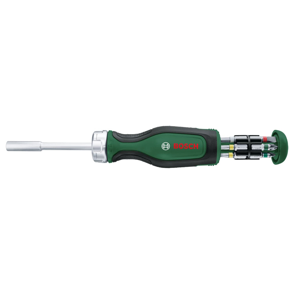 Bosch spärrskruvmejsel med 12 bits (spärrskruvmejsel med högt vridmoment för effektiv, kraftig skruvdragning; uppfällbart bitsmagasin; 12 bits medföljer; magnetisk bitshållare)