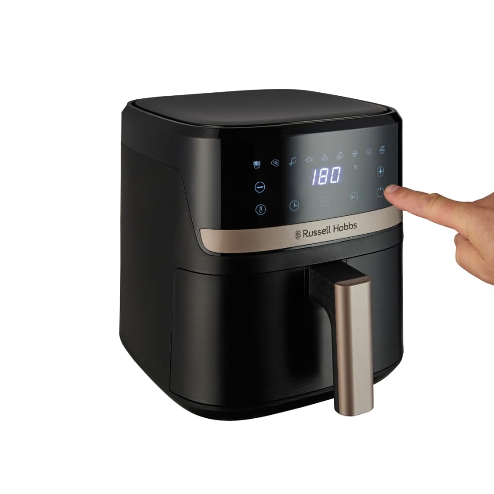 Russell Hobbs Air Fryer 4.3L Rapid Airfryer [Kompakt design, 9 program] satisfry Diskmaskinssäkra delar, max 200°C, Oljefri matlagning, Pekskärm, Varmhållning, Stek, Baka, Grill 27610-56