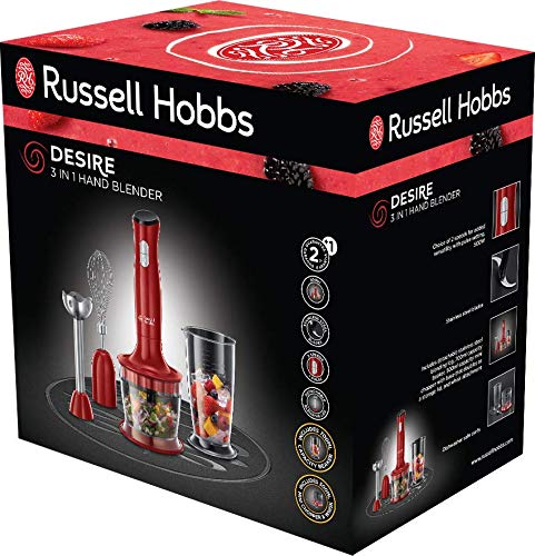 Russell Hobbs 3-i-1 stavmixer, 2 hastigheter, rostfritt stål, BPA-fri behållare, ballongvisp, minihackare, diskmaskinssäkra delar, röd, 500W Desire, 24700-56