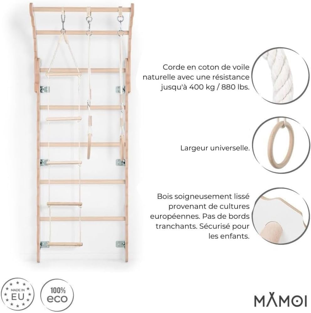 MAMOI® Ribbstol, gym vägg, klätterställning inomhus | gymnastikvägg av naturligt trä | gymnastikringar med repstege, gunga | 100% ECO | tillverkad i EU