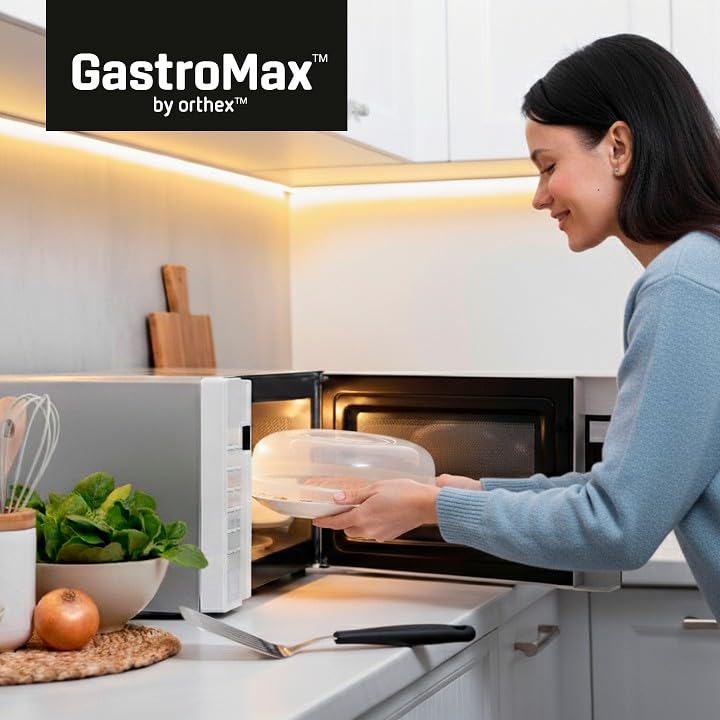 GastroMax genomskinligt mikrolock för mat 25 cm brett med luftventil – Livsmedelssäkert tallrikslock i BPA-fri plast för mikrovågsugn – Värmebeständigt mikrolock som tål maskindisk i högst 100 grader