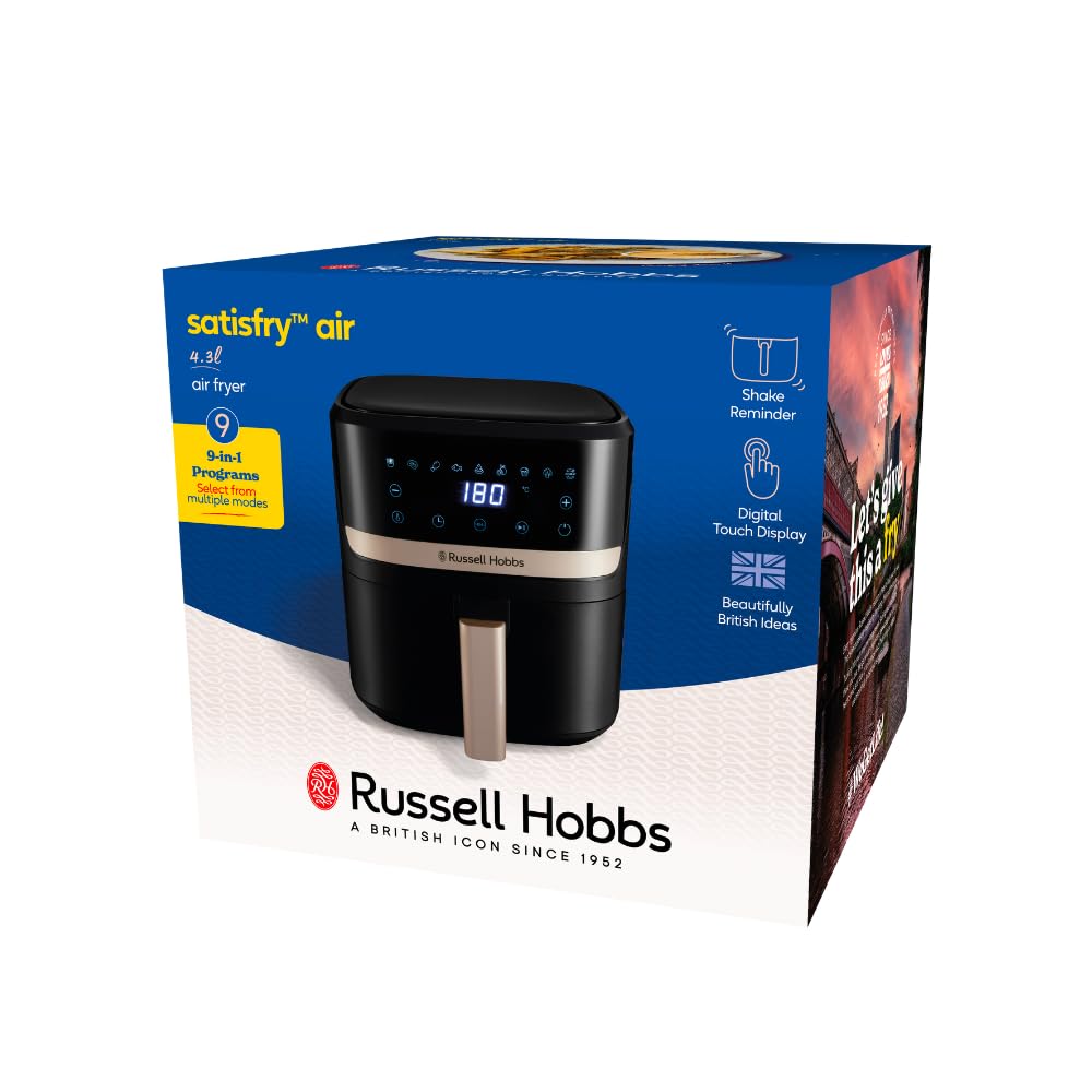 Russell Hobbs Air Fryer 4.3L Rapid Airfryer [Kompakt design, 9 program] satisfry Diskmaskinssäkra delar, max 200°C, Oljefri matlagning, Pekskärm, Varmhållning, Stek, Baka, Grill 27610-56
