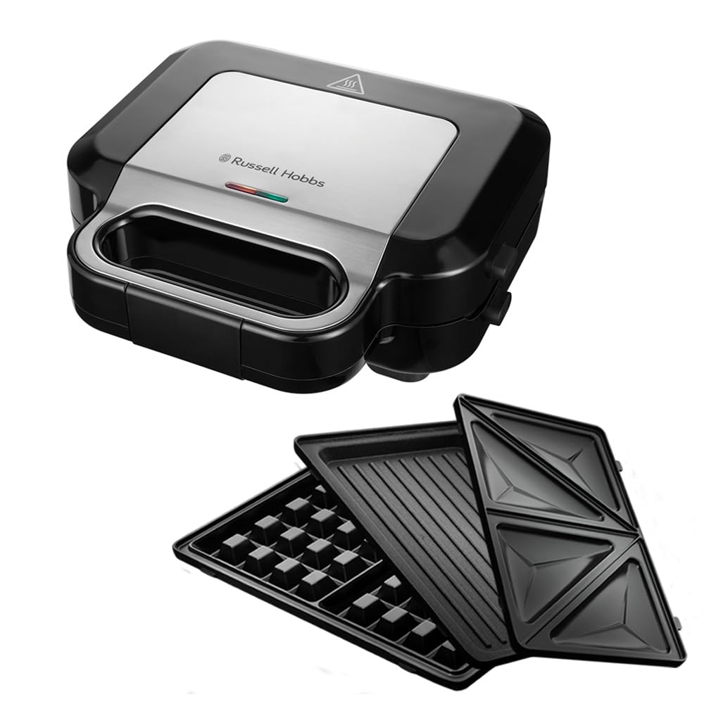 Russell Hobbs Smörgåsgrill 3-i-1 [smörgåsar, belgiska våfflor, grill] diskmaskinssäkra plattor, non-stick beläggning & extra djupa plattor, BPA-fri) 26810-56.