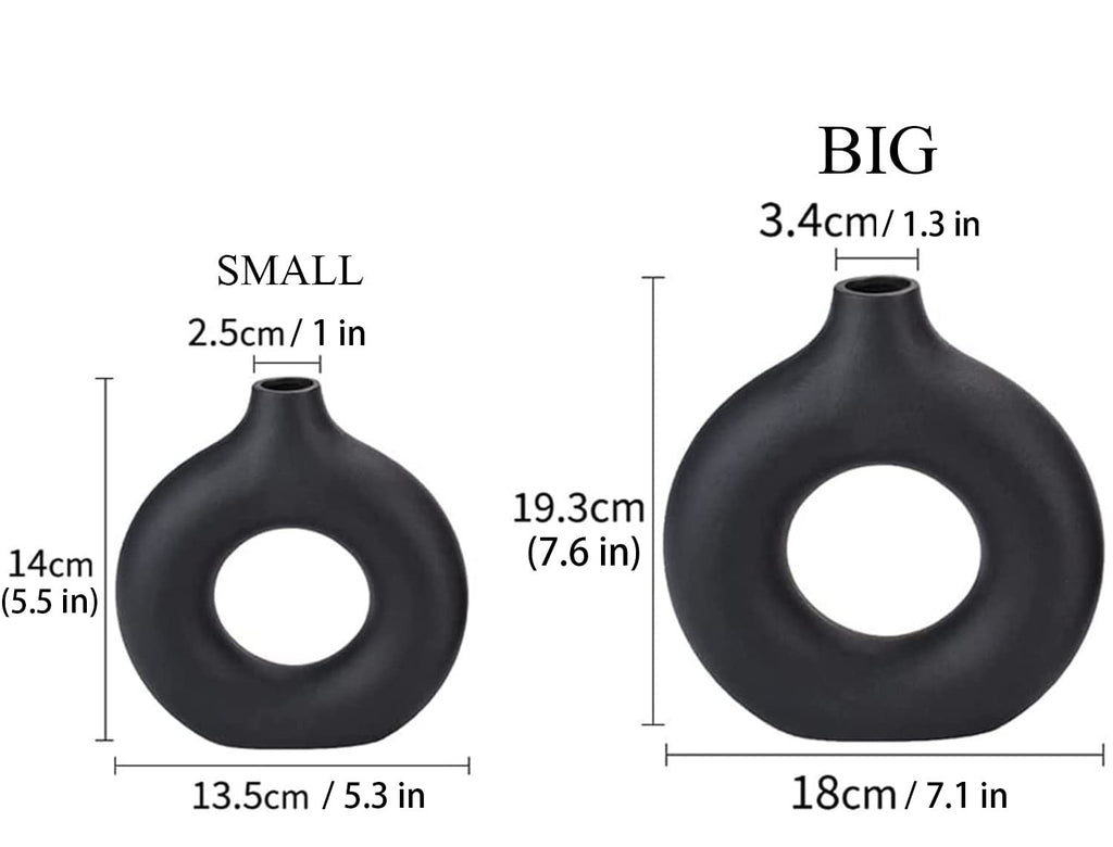 Set med 2 svarta donut keramiska vaser för modern heminredning, rund matt pampasgräs, Neutri bohemisk nordisk minimalism stil (stor och liten)