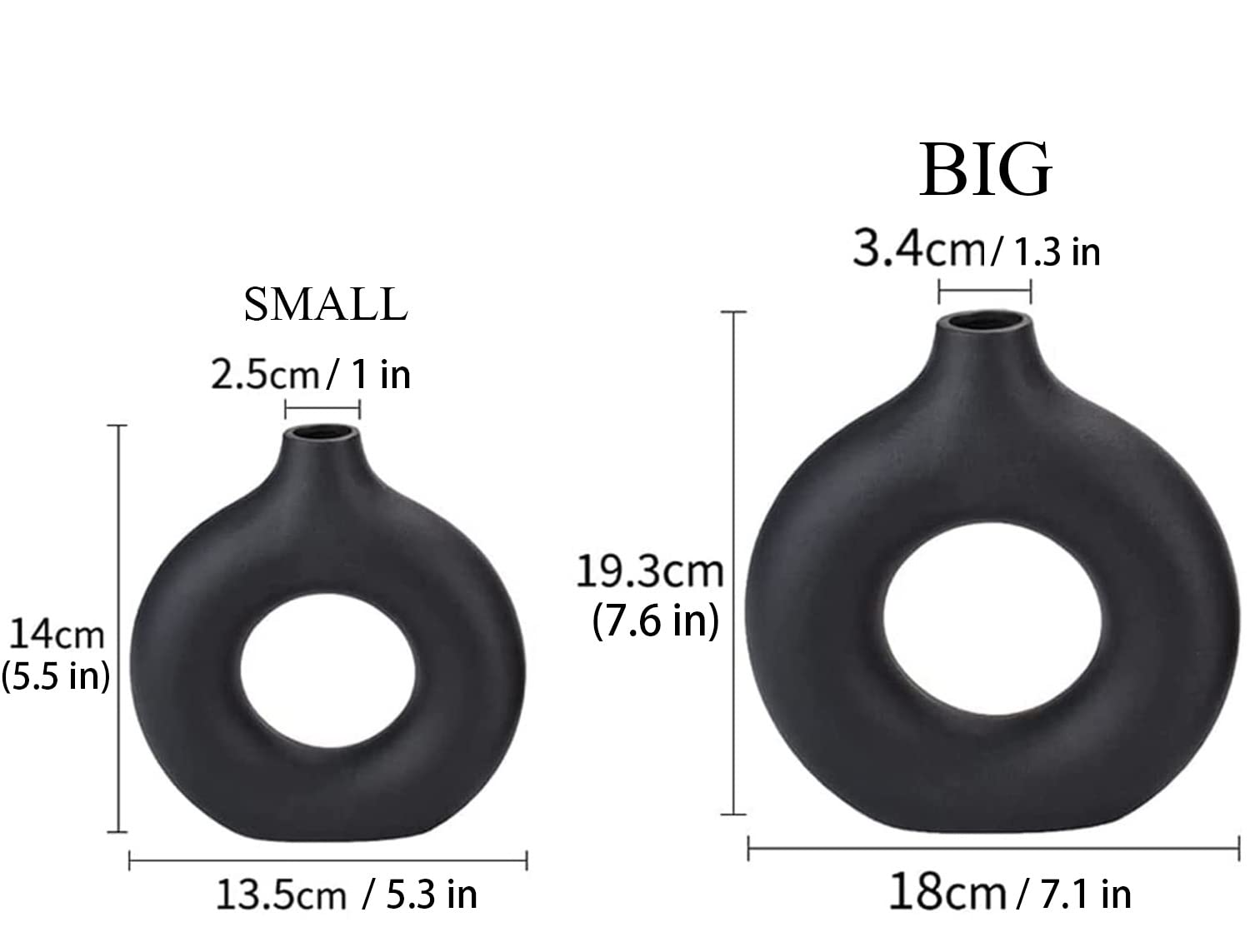Set med 2 svarta donut keramiska vaser för modern heminredning, rund matt pampasgräs, Neutri bohemisk nordisk minimalism stil (stor och liten)