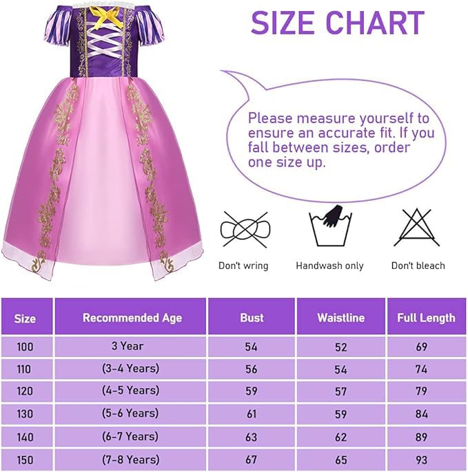 ACWOO Barn, flickor, prinsessdräkt, prinsessa, Rapunzel, lång klänning, festklänning, maxiklänning med diadem, handskar, trollstav etc för fest, cosplay, utklädnad, festlig karneval
