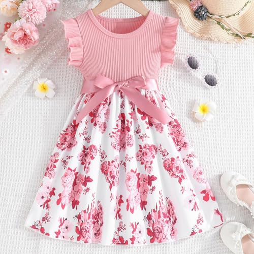 Klänning för flickor Pilbåge Klänningar för barn Blommig Volanger ärmar A-linje Sommarklänning för flickor påsk Rund hals