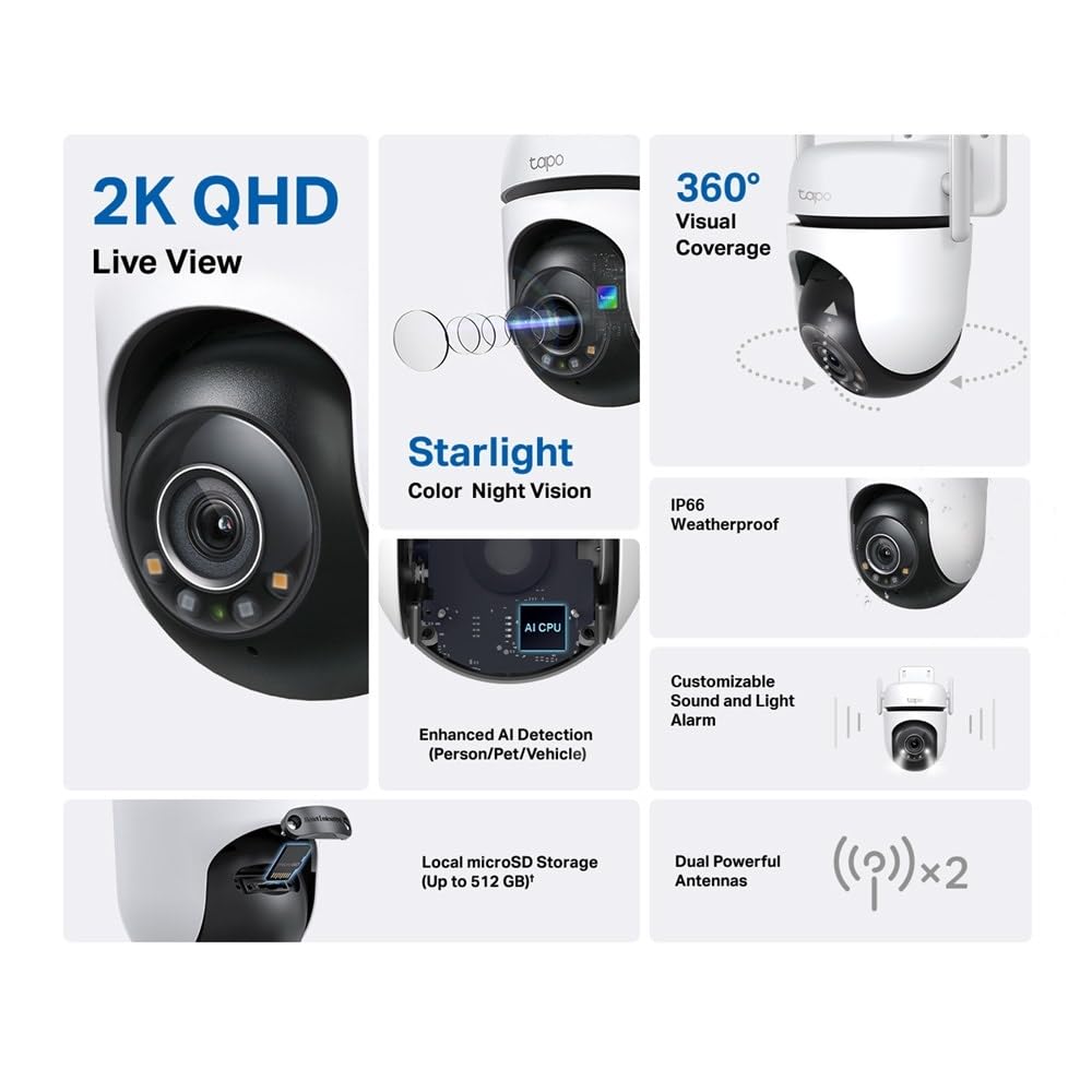 Tapo C520WS 360° utomhus WiFi-övervakningskamera 2K 4MP QHD Starlight-färgnattsyn AI-detektering rörelsespårning IP66