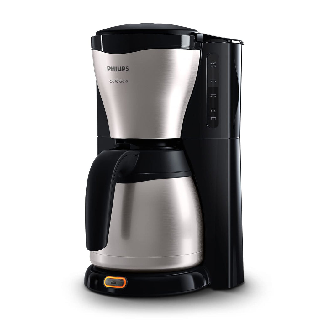 Philips Café Gaia Kaffebryggare - Termoskanna i rostfritt stål, Håller värmen i 2 timmar, Automatisk avstängning, Droppstopp, Smart lås, 1,3 l kapacitet, Vattennivåmätare (HD7546/20)