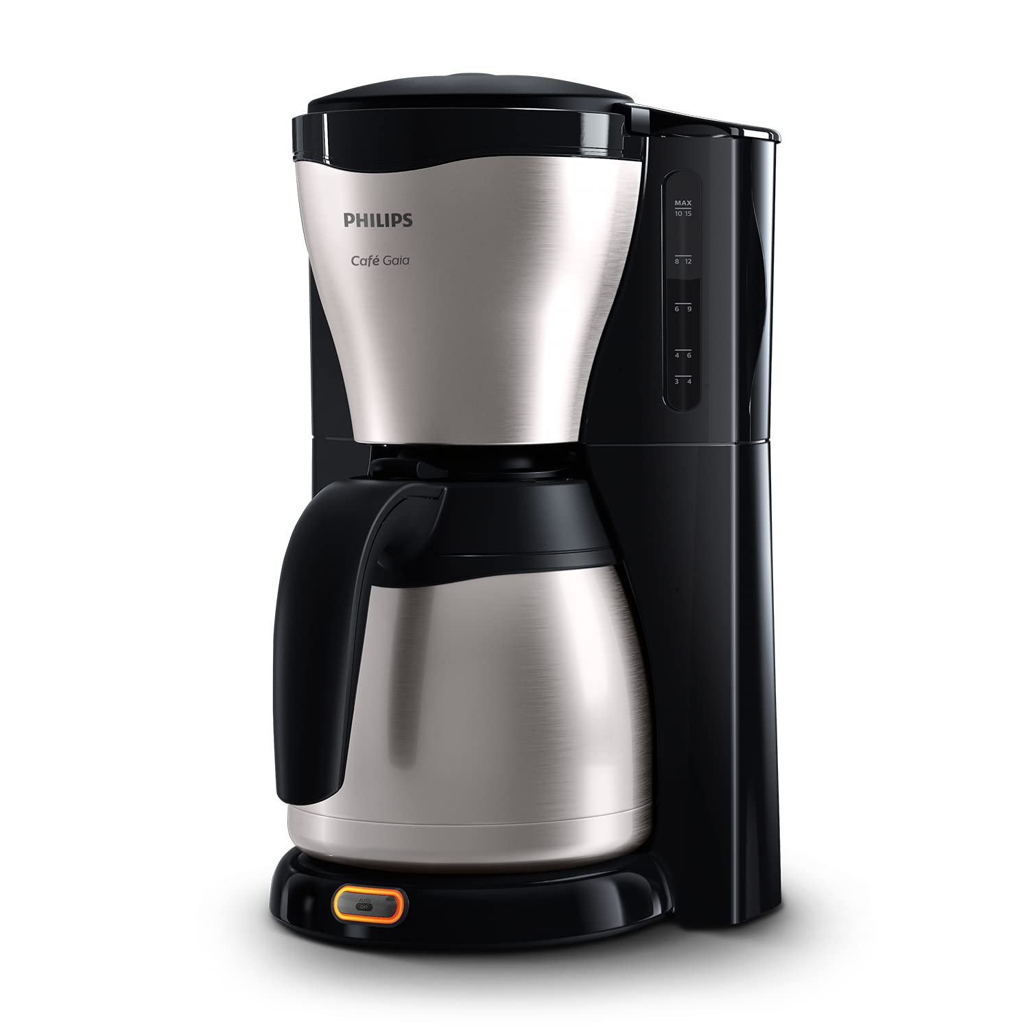 Philips Café Gaia Kaffebryggare - Termoskanna i rostfritt stål, Håller värmen i 2 timmar, Automatisk avstängning, Droppstopp, Smart lås, 1,3 l kapacitet, Vattennivåmätare (HD7546/20)