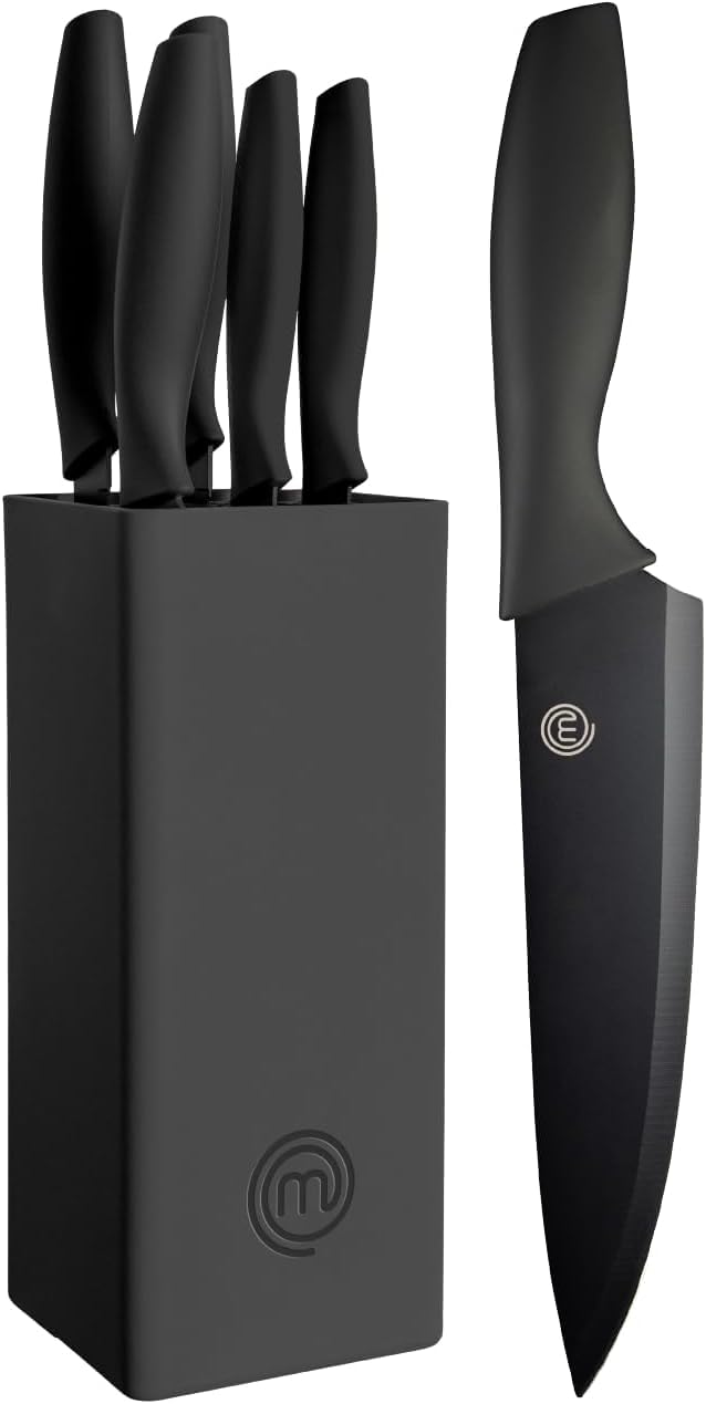MasterChef Kökskniv Set, Knivblockset 6-Delar, Kockkniv, Brödkniv, Trancherkniv, Universalkniv och Skalkniv, Universell Knivblock, Rostfritt Stål, Ergonomiska Svarta Soft-Touch-Handtag, Svart
