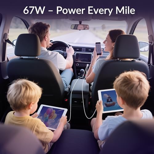 USB C billaddare billaddare, 3-port 67W dubbel USBC och USB-A PD/QC snabbladdning cigarettändare 12 V bilcigarettladdare ljus för iPhone 17 Air 16e 16 15 14, iPad, Samsung Galaxy S25 S24, Pixel
