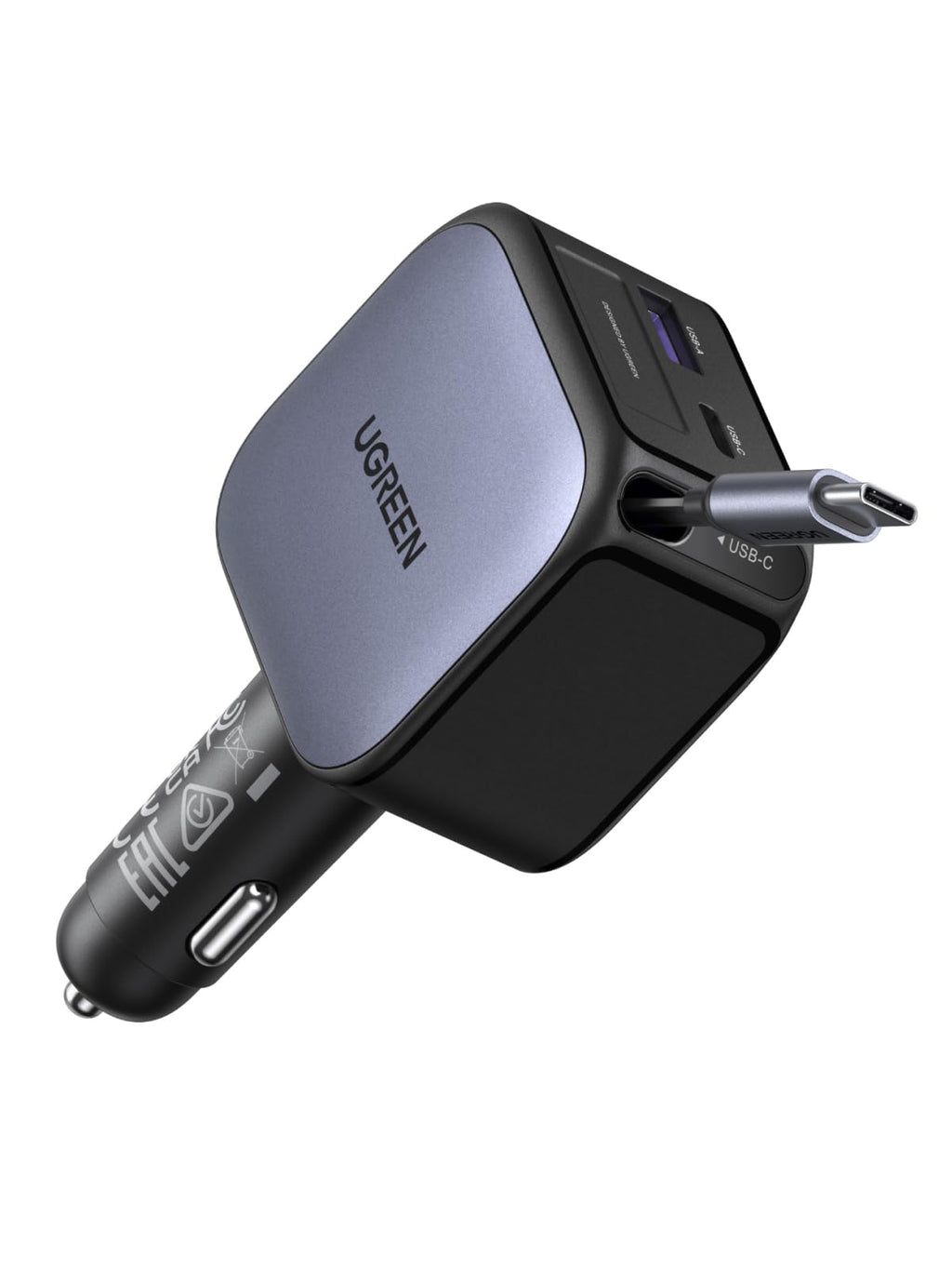 UGREEN 3-port cigarettändare 60W infällbar billaddare 30W integrerad USB C-kabel biltillbehör bil 12V adapter för iPhone 17/16/15, Galaxy S25/24, GPS etc.