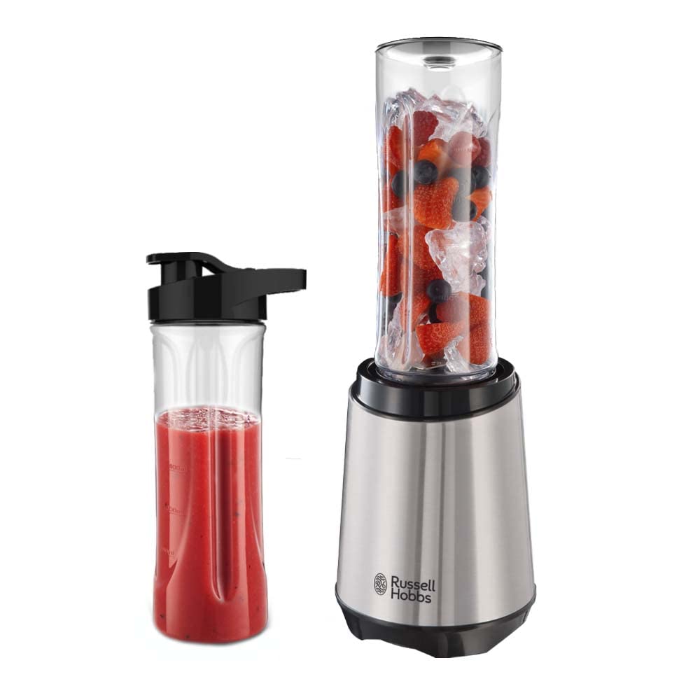 Russell Hobbs mixer, 2 BPA-fri, flaskor som tål diskmaskin, tritanplast med lock, 600ml, 23500 varv per min, 300W, Mix&Go Steel 23470-56