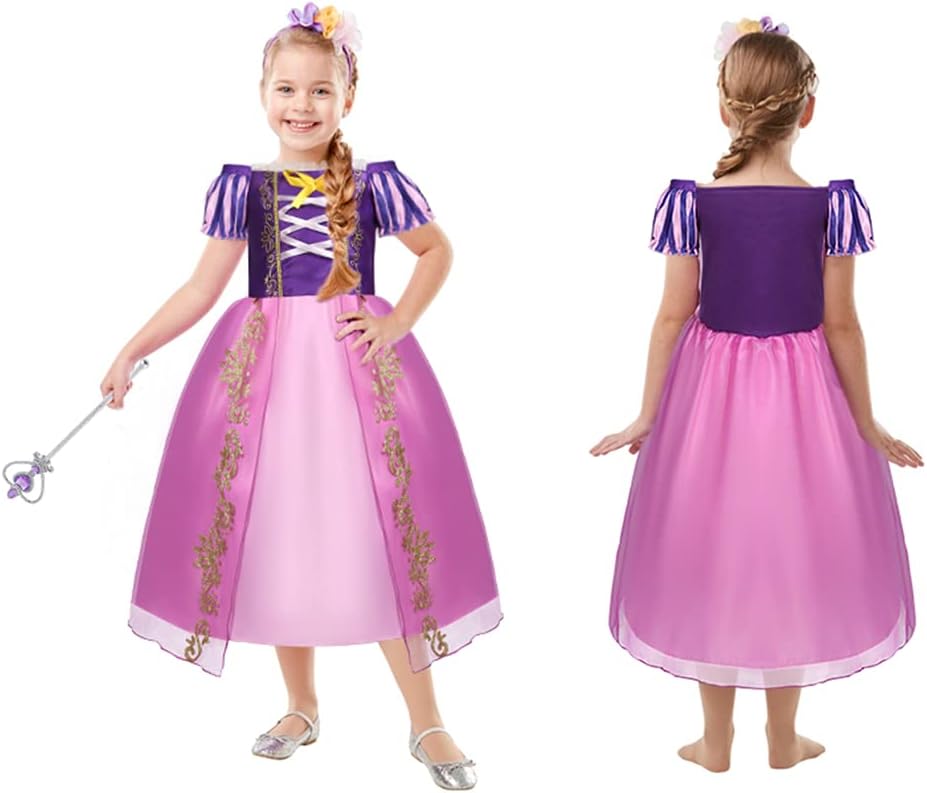 ACWOO Barn, flickor, prinsessdräkt, prinsessa, Rapunzel, lång klänning, festklänning, maxiklänning med diadem, handskar, trollstav etc för fest, cosplay, utklädnad, festlig karneval