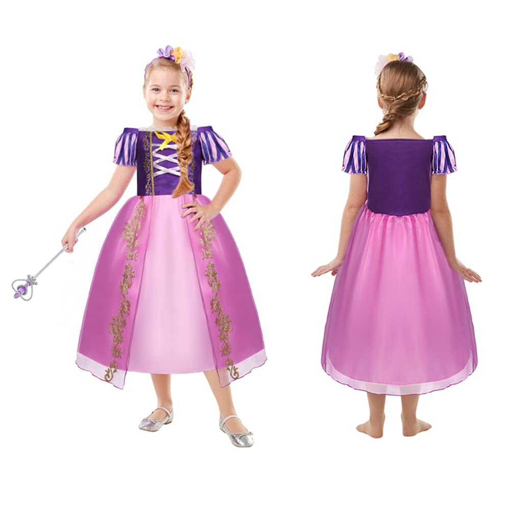 ACWOO Barn, flickor, prinsessdräkt, prinsessa, Rapunzel, lång klänning, festklänning, maxiklänning med diadem, handskar, trollstav etc för fest, cosplay, utklädnad, festlig karneval