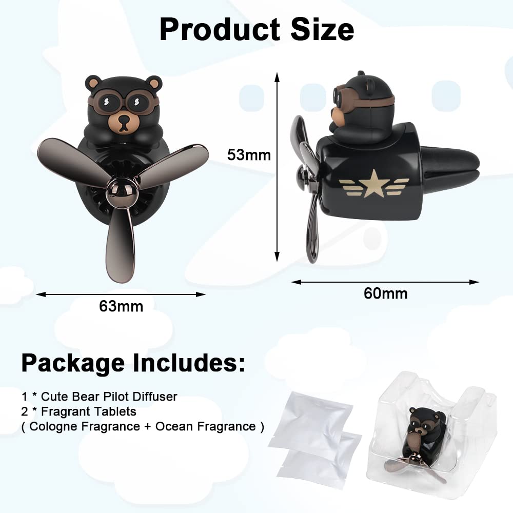 URAQT Bear Pilot retro flygplan luftfräschare, bilventilsklämma på luftfräschare med 2 st dofttabletter, personligt luftutlopp biltillbehör med roterande propeller för bil, fläkt (svart)