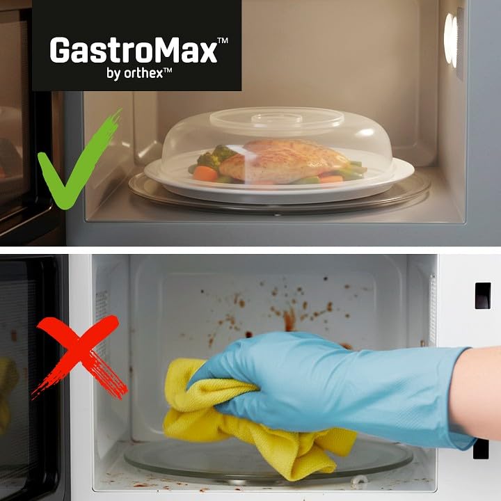 GastroMax genomskinligt mikrolock för mat 25 cm brett med luftventil – Livsmedelssäkert tallrikslock i BPA-fri plast för mikrovågsugn – Värmebeständigt mikrolock som tål maskindisk i högst 100 grader