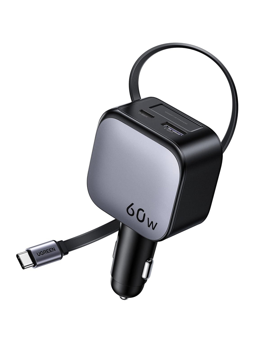 UGREEN 3-port cigarettändare 60W infällbar billaddare 30W integrerad USB C-kabel biltillbehör bil 12V adapter för iPhone 17/16/15, Galaxy S25/24, GPS etc.