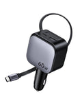UGREEN 3-port cigarettändare 60W infällbar billaddare 30W integrerad USB C-kabel biltillbehör bil 12V adapter för iPhone 17/16/15, Galaxy S25/24, GPS etc.