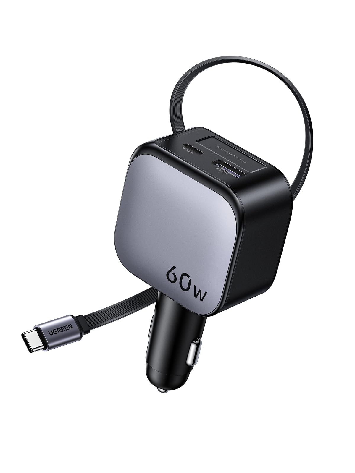 UGREEN 3-port cigarettändare 60W infällbar billaddare 30W integrerad USB C-kabel biltillbehör bil 12V adapter för iPhone 17/16/15, Galaxy S25/24, GPS etc.