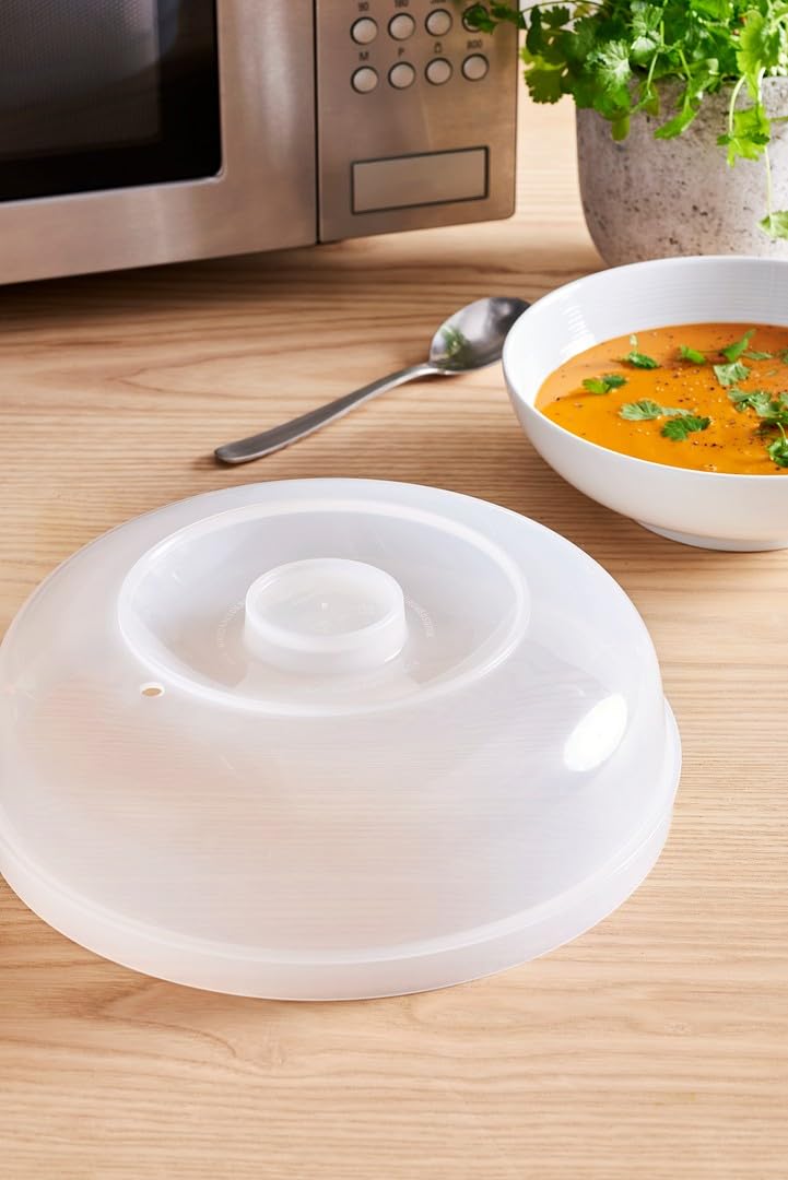 GastroMax genomskinligt mikrolock för mat 25 cm brett med luftventil – Livsmedelssäkert tallrikslock i BPA-fri plast för mikrovågsugn – Värmebeständigt mikrolock som tål maskindisk i högst 100 grader