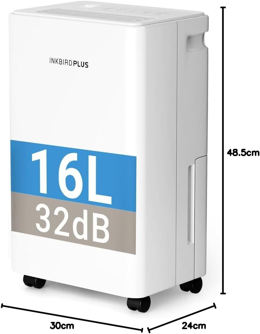 INKBIRDPLUS Hem Avfuktare, 12L/D avfuktning, 1800 ml vattentank med avloppsslang, 3 lägen met automatisk avfrostning, timer och barnlås, luftavfuktare för sovrum, babyrum, garderob, skåp, källaren