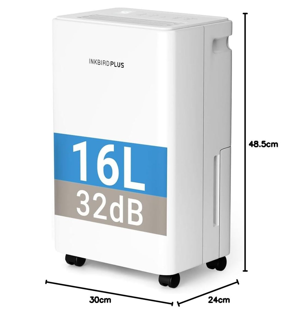 INKBIRDPLUS Hem Avfuktare, 12L/D avfuktning, 1800 ml vattentank med avloppsslang, 3 lägen met automatisk avfrostning, timer och barnlås, luftavfuktare för sovrum, babyrum, garderob, skåp, källaren