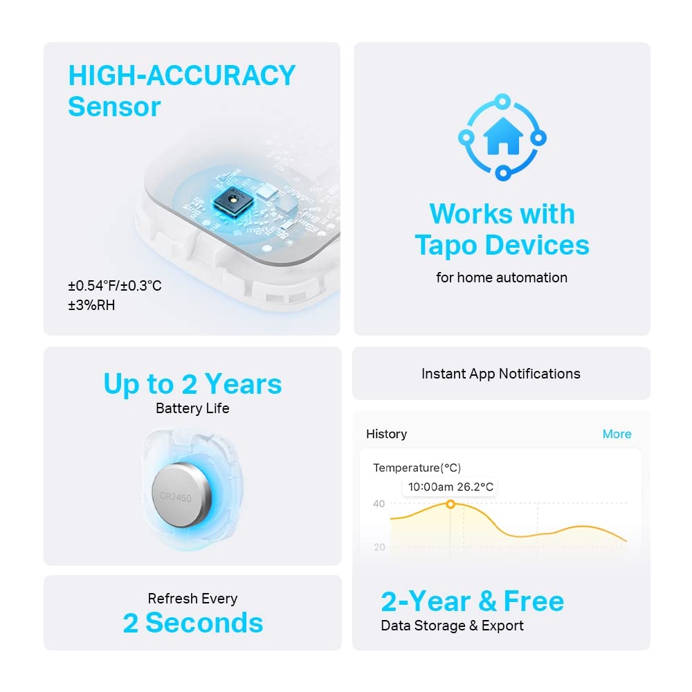Tapo T310 Smart temperatur- och luftfuktighetsmätare, gratis datalagring, visuell grafik, flexibel installation, appaviseringar, hubb H100/200/500 krävs