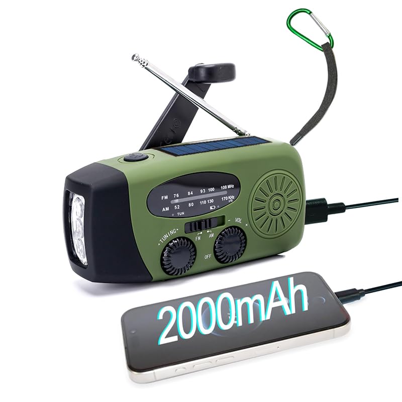 2 000 mAh uppfällbart solradio, nödbärbar handvevad väderradio, uppladdningsbar powerbank, 2-läges LED-ficklampa med SOS-larm LED-ficklampa, USB-telefonladdare, för nödsituationer, camping (grön)