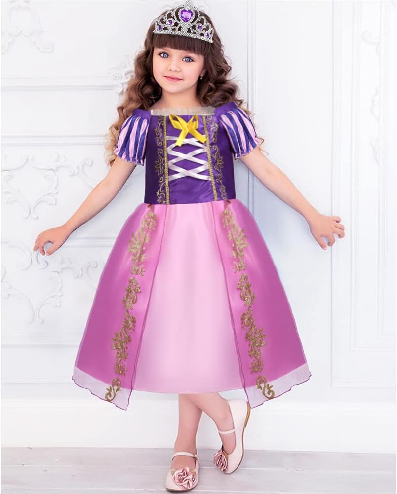 ACWOO Barn, flickor, prinsessdräkt, prinsessa, Rapunzel, lång klänning, festklänning, maxiklänning med diadem, handskar, trollstav etc för fest, cosplay, utklädnad, festlig karneval