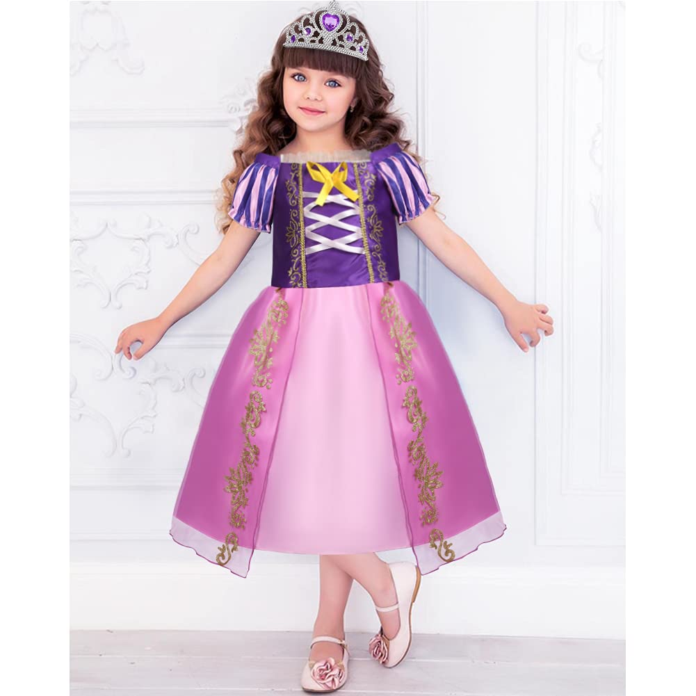 ACWOO Barn, flickor, prinsessdräkt, prinsessa, Rapunzel, lång klänning, festklänning, maxiklänning med diadem, handskar, trollstav etc för fest, cosplay, utklädnad, festlig karneval