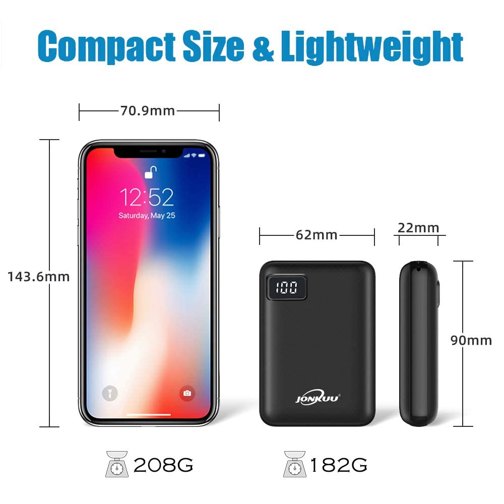 Liten bärbar telefonladdare 10 000 mAh, snabbladdning, 2,4 A powerbank, externa batteripaket, dubbla portar med LCD-skärm, powerpack kompatibel med iPhone, Huawei, iPad, Samsung, Nintendo Switch och surfplattor