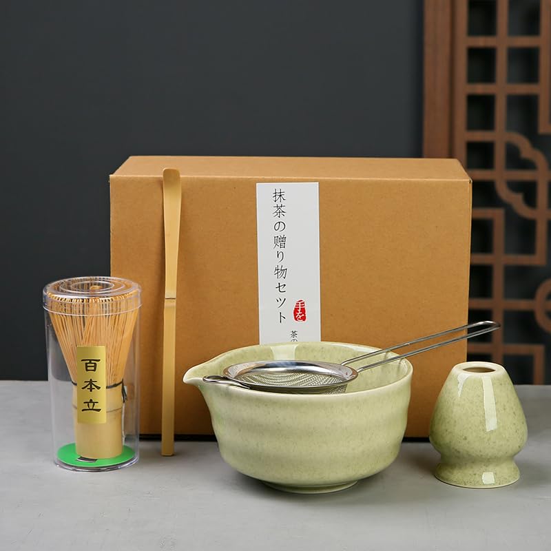 Matcha-set – Matcha teaset om 5 stycken matcha-set för nybörjare med matchande kvast matcha-kvast filtersil matcha skål med hällpip och matcha sked, present för matcha-älskare, teälskare