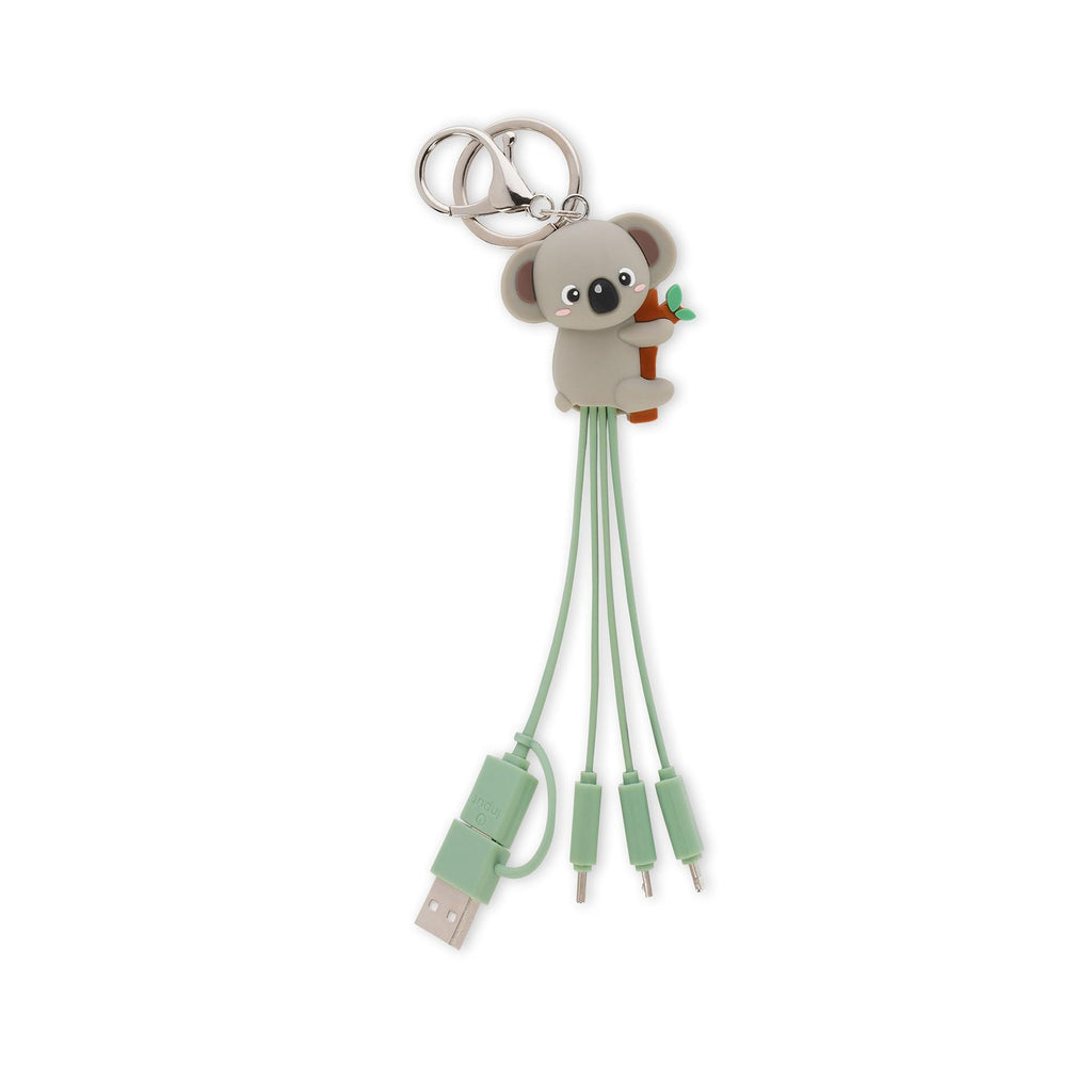 Legami - Koala-kabel med flera länkade uppladdningskablar med nyckelring, 4 laddningskablar, USB, typ-C, Micro-USB, Lightning, med USB-typ C-adapter, TPE-belagd kabel