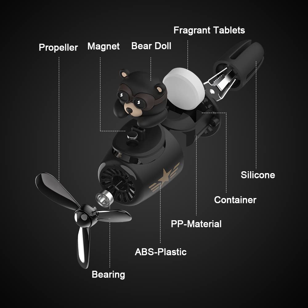 URAQT Bear Pilot retro flygplan luftfräschare, bilventilsklämma på luftfräschare med 2 st dofttabletter, personligt luftutlopp biltillbehör med roterande propeller för bil, fläkt (svart)
