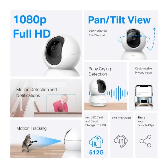 Tapo C200C - WiFi IP-kamera 360° FHD 1080p Övervakningskamera, mörkerseende, realtidsaviseringar, stöd för SD-kort, rörelsedetektering, fjärrkontroll, kompatibel med Alexa