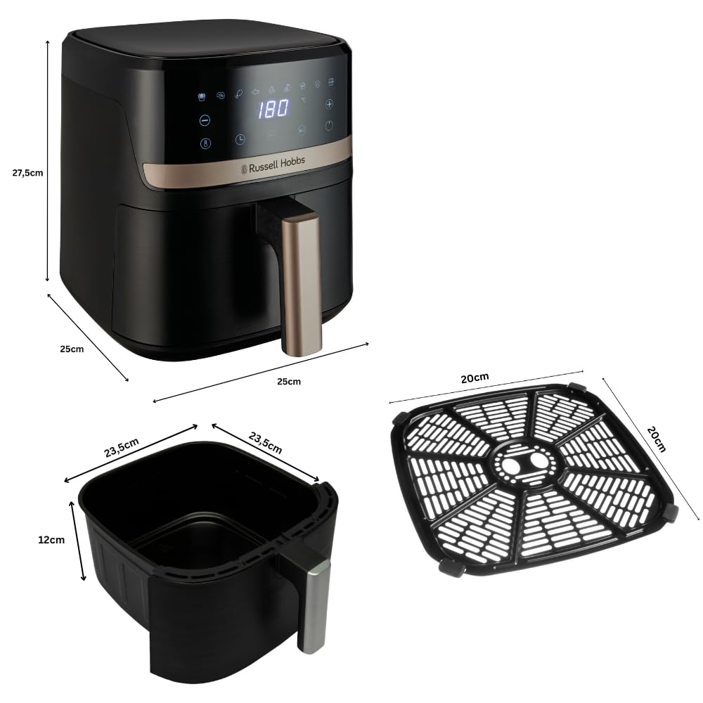 Russell Hobbs Air Fryer 4.3L Rapid Airfryer [Kompakt design, 9 program] satisfry Diskmaskinssäkra delar, max 200°C, Oljefri matlagning, Pekskärm, Varmhållning, Stek, Baka, Grill 27610-56