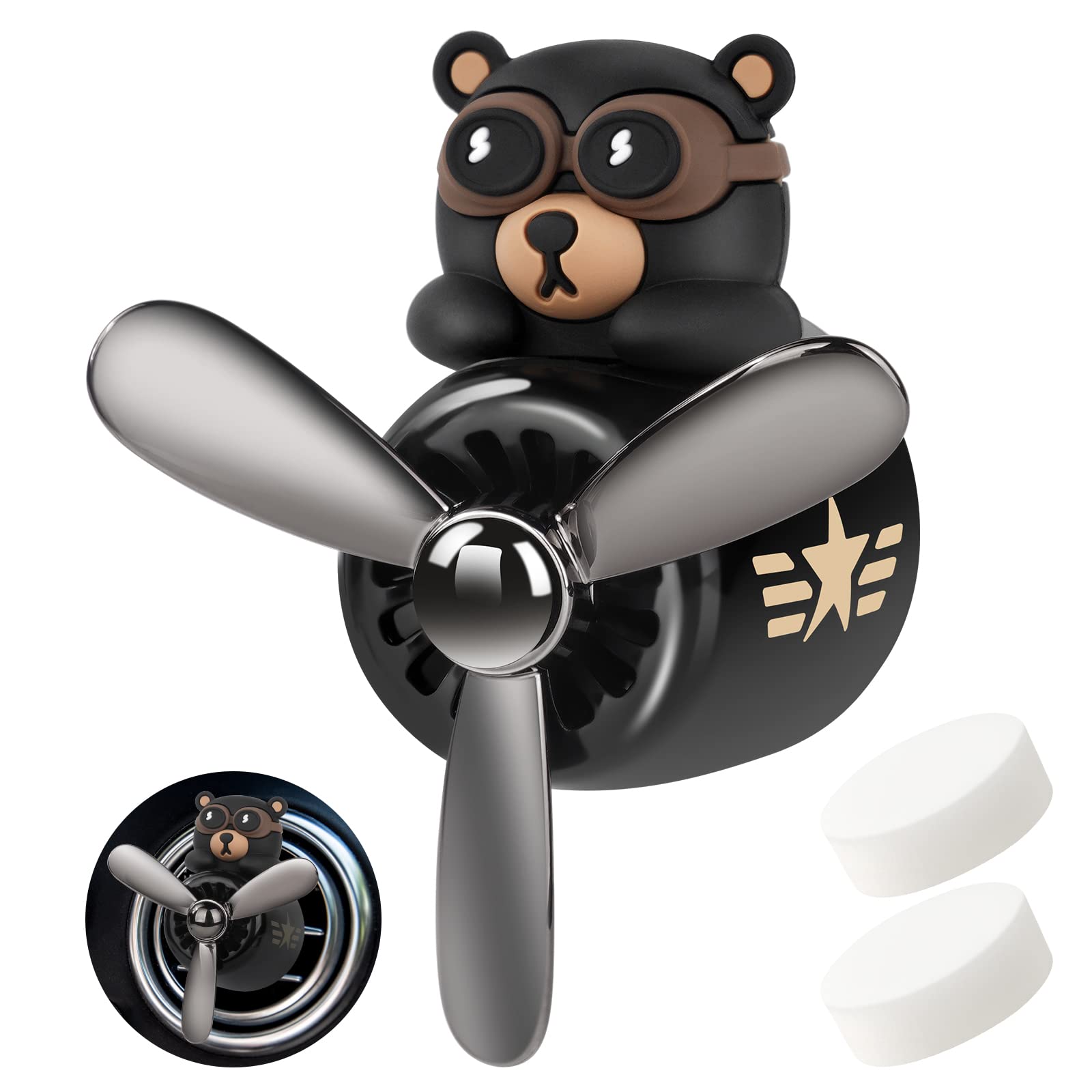 URAQT Bear Pilot retro flygplan luftfräschare, bilventilsklämma på luftfräschare med 2 st dofttabletter, personligt luftutlopp biltillbehör med roterande propeller för bil, fläkt (svart)