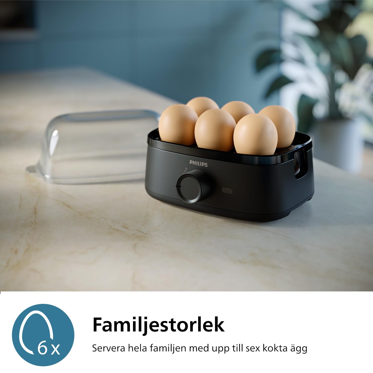Philips Äggkokare 3000 Series, familjestorlek för upp till 6 ägg (mjuka, medium, hårda, pocherade), enkel att rengöra, bricka för pocherade ägg och äggpikare, 400 W effekt, kompakt design (HD9137/90)