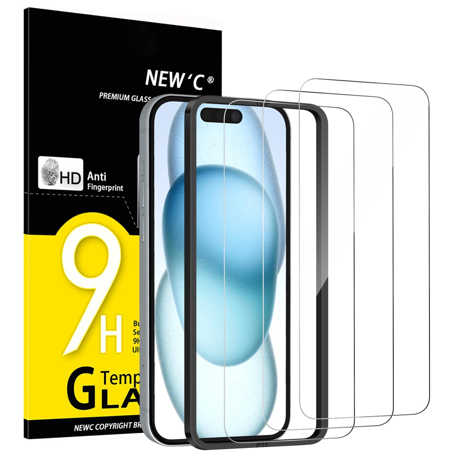 NEW'C 3 Pack, skärmskydd i glas för iPhone 16,15 (6,1 tum), bubbelfri, 9H hårdhet, 0,33 mm ultratransparent, ultrabeständigt härdat glas,Enkel installationsverktyg inkluderat