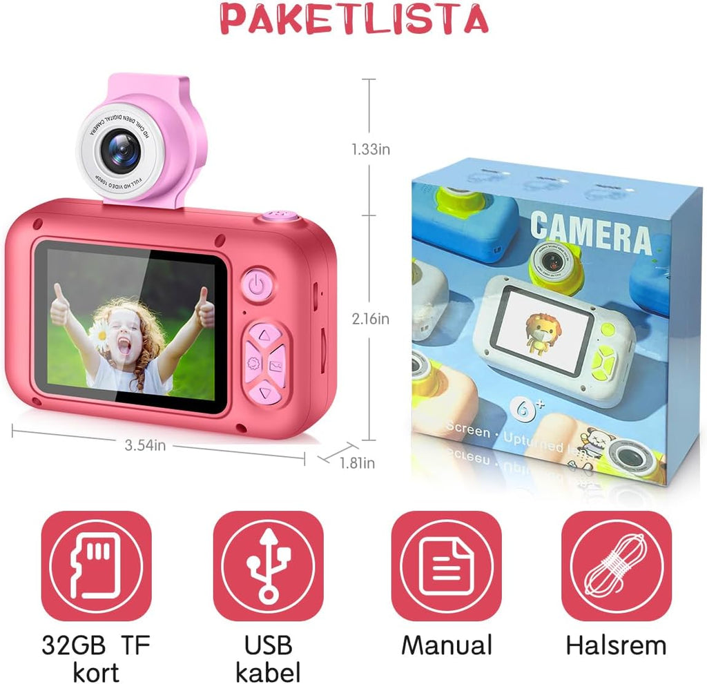 ARNSSIEN Kamera Barn med Stor 2,4" Skärm & 180° Roterande Lins, Barnkamera 3–12 År, 32GB Minneskort Ingår, Perfekt Födelsedagspresent för flickor/pojkar, X101