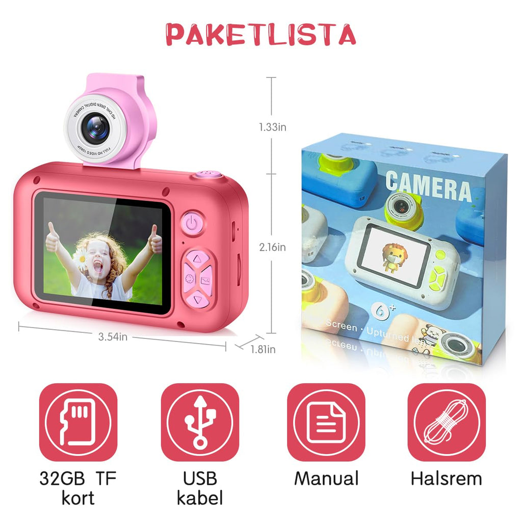 ARNSSIEN Kamera Barn med Stor 2,4" Skärm & 180° Roterande Lins, Barnkamera 3–12 År, 32GB Minneskort Ingår, Perfekt Födelsedagspresent för flickor/pojkar, X101