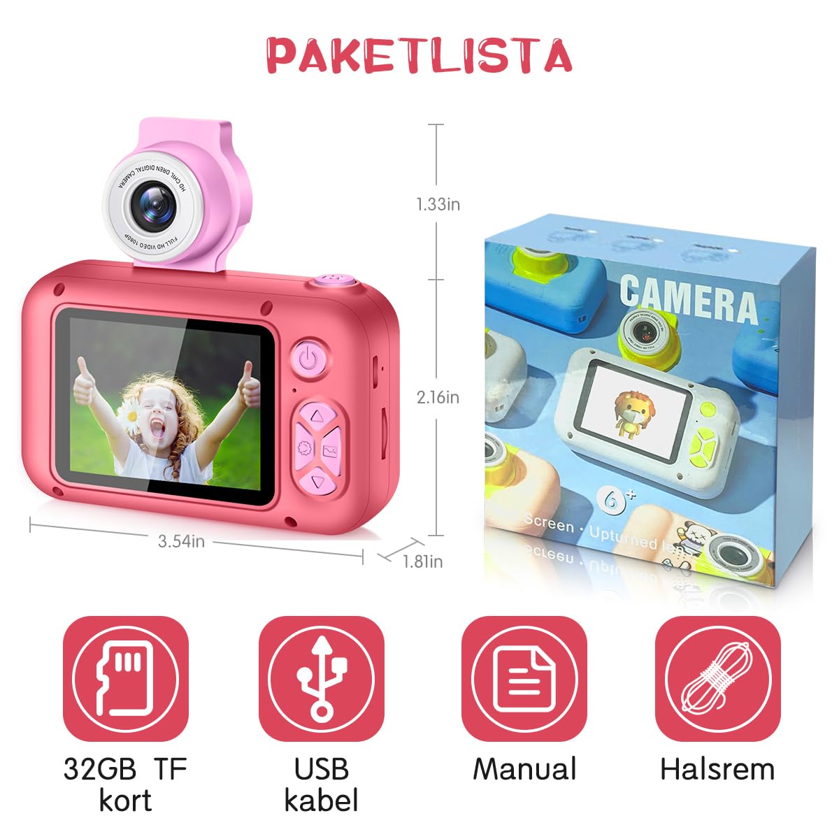 ARNSSIEN Kamera Barn med Stor 2,4" Skärm & 180° Roterande Lins, Barnkamera 3–12 År, 32GB Minneskort Ingår, Perfekt Födelsedagspresent för flickor/pojkar, X101