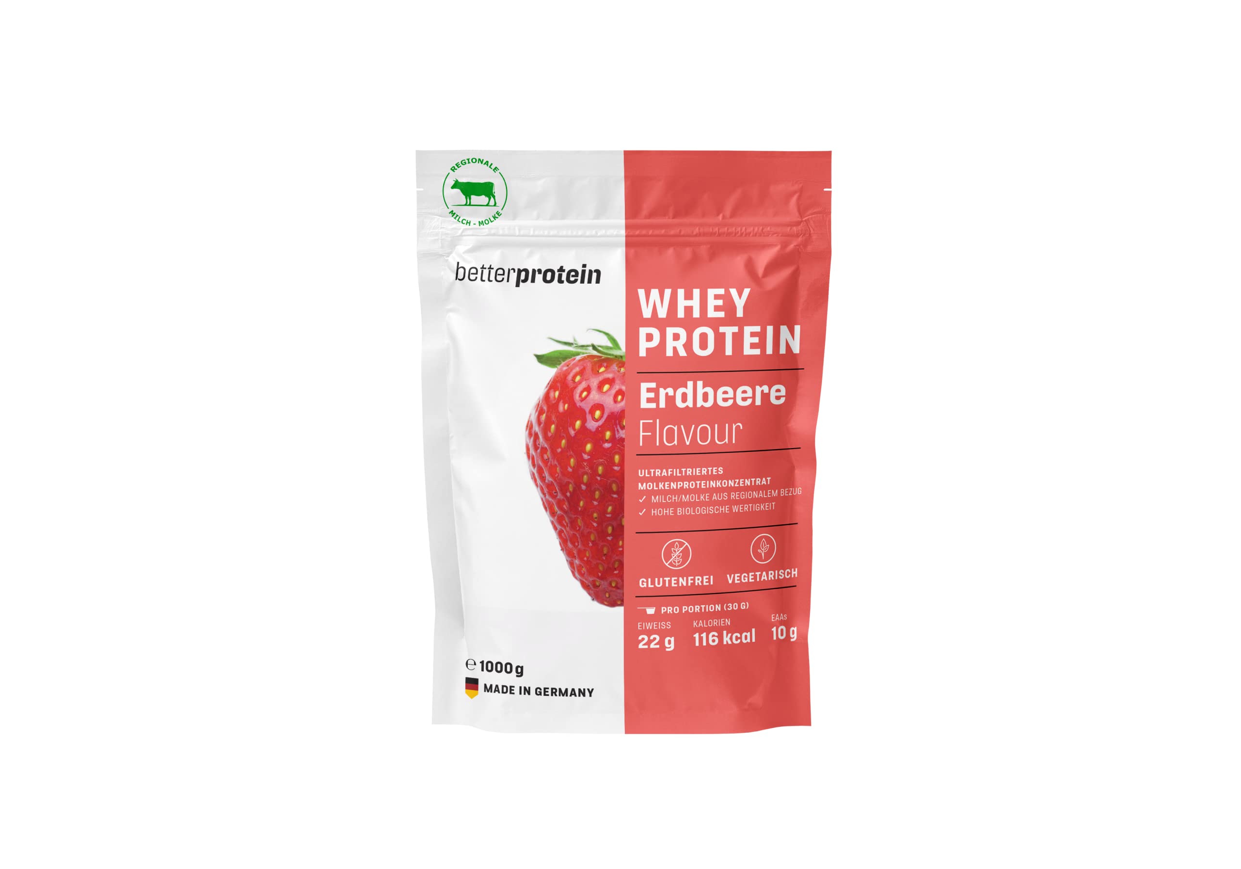 Whey Protein – jordgubbe 1 kg – producerad i Tyskland från regional mjölk – BetterProtein® – Proteinpulver för muskeluppbyggnad och minskning – påse
