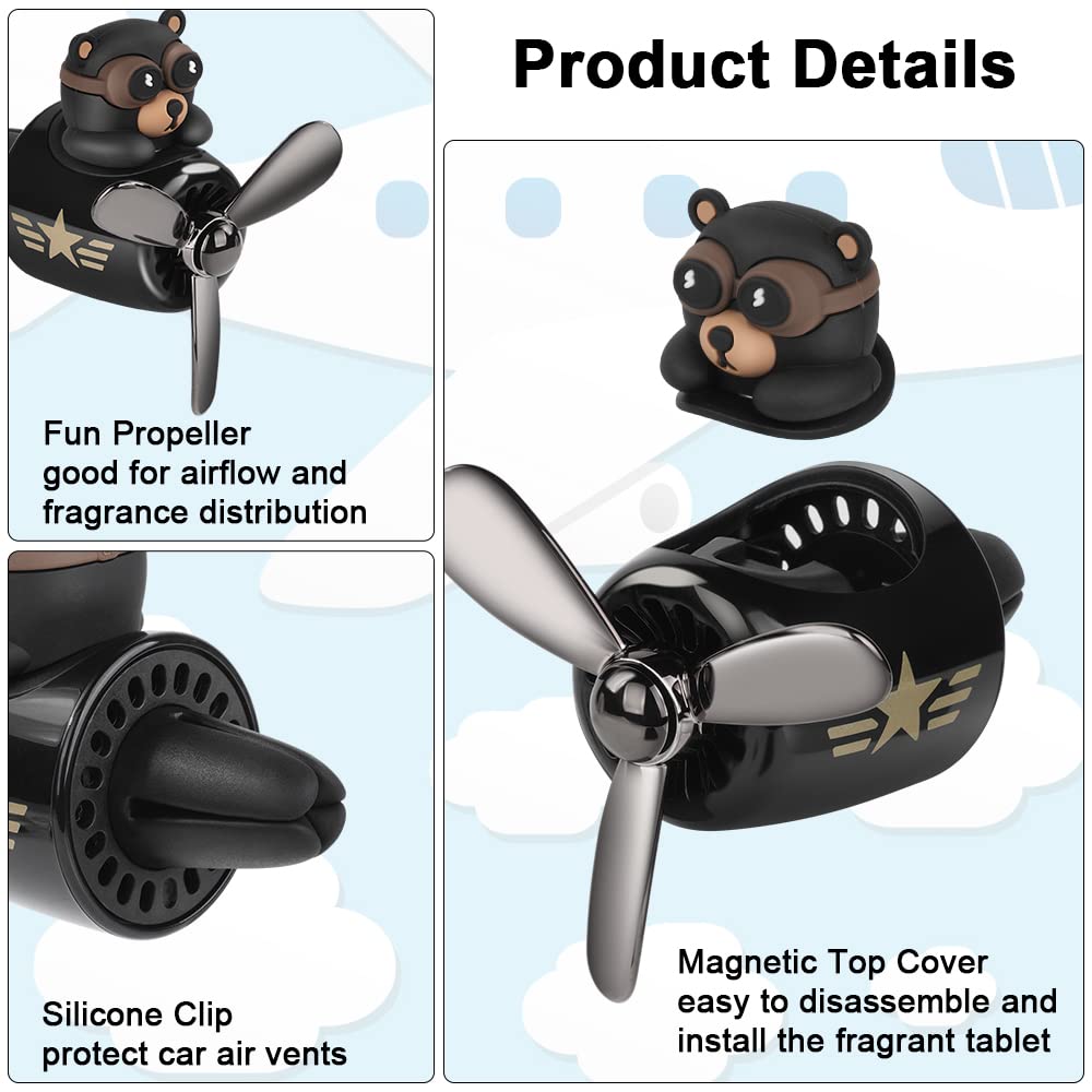 URAQT Bear Pilot retro flygplan luftfräschare, bilventilsklämma på luftfräschare med 2 st dofttabletter, personligt luftutlopp biltillbehör med roterande propeller för bil, fläkt (svart)