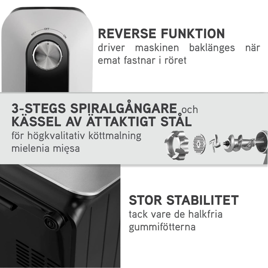 Twinzee - Elektrisk köttkvarn med korvfyllmedel 1500W, vit - För kött och korv - Matberedare, köttkvarn med 3 perforerade skivor och 3 korvfästen
